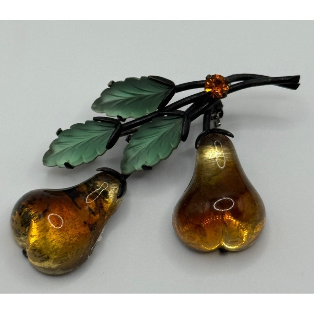 Vintage Austria Forbidden Fruit Double Pear Pin Brooch Molded Glass Rhinestone